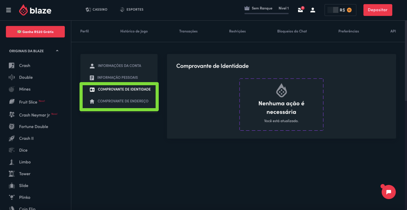 Verifique as secoes ‘Comprovante de Identidade’ e ‘Comprovante de endereço’