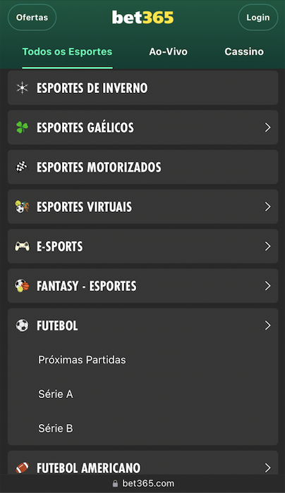 Seleção de esportes na Bet365