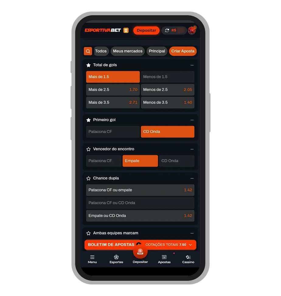 Criador de apostas do app Esportiva.bet em funcionamento