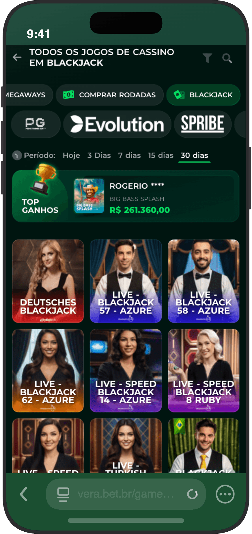 Mesas de blackjack ao vivo da Vera.bet com Live Blackjack Azure, Speed Blackjack e mesas Pragmatic Play