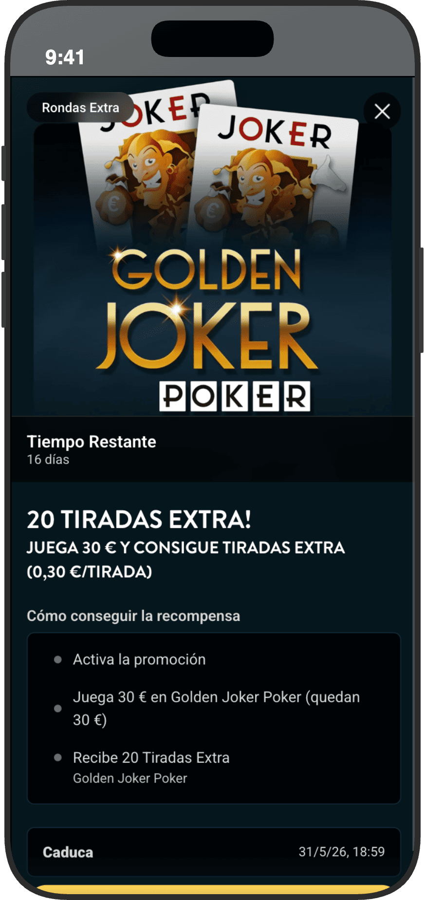 Promoción de 20 tiradas extra en la slot Golden Joker Poker de Golden Bull: juega 30€ y recibe giros gratis de 0,30€ cada uno