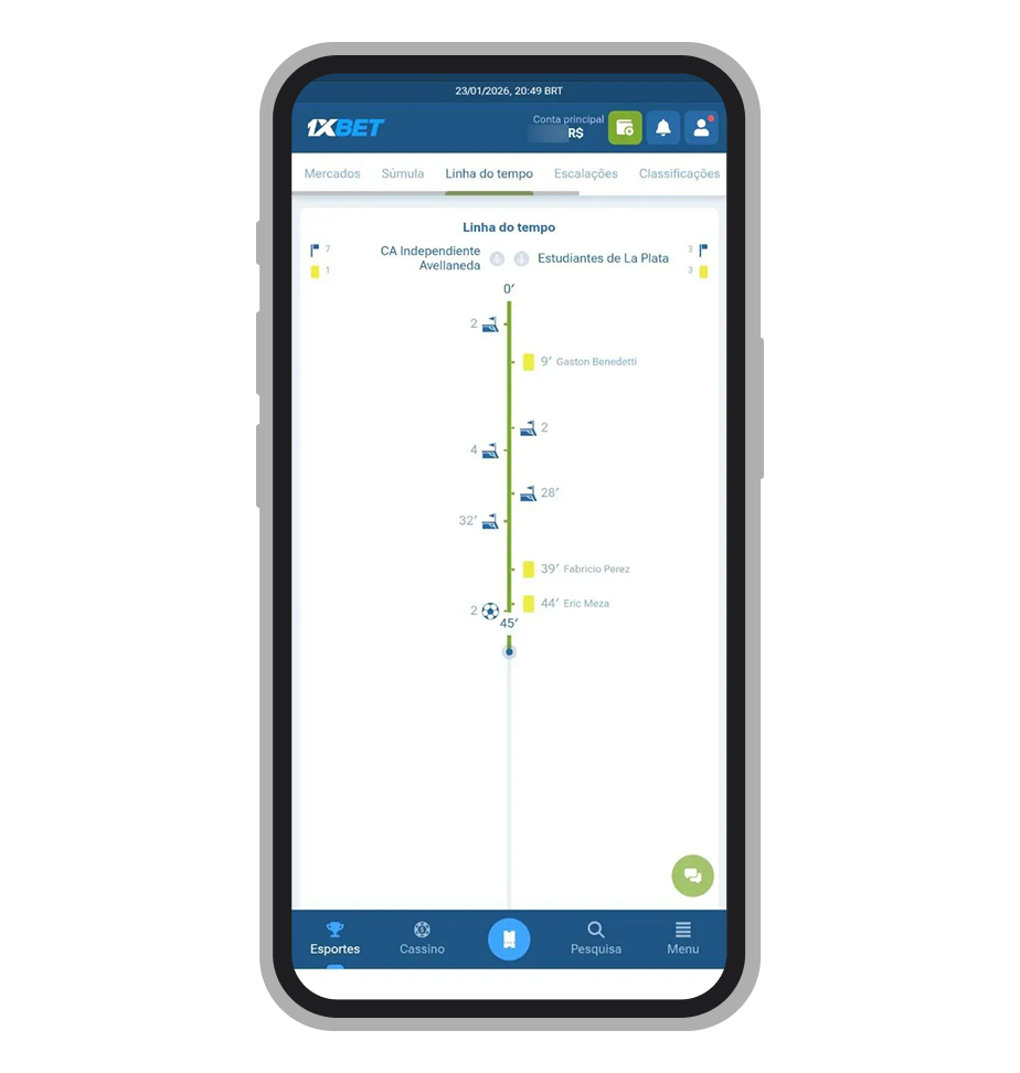 Linha do tempo com eventos da partida ao vivo no aplicativo 1xBet