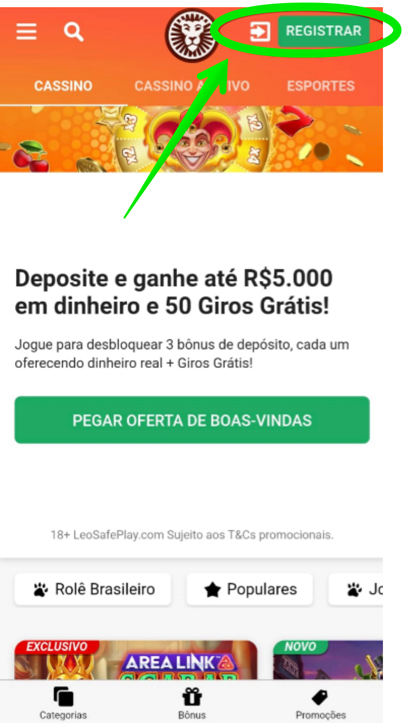 Página inicial da versão móvel com botão “Registrar”