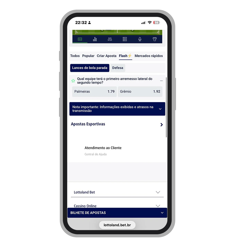Mercados flash disponíveis em partida de futebol na Lottoland