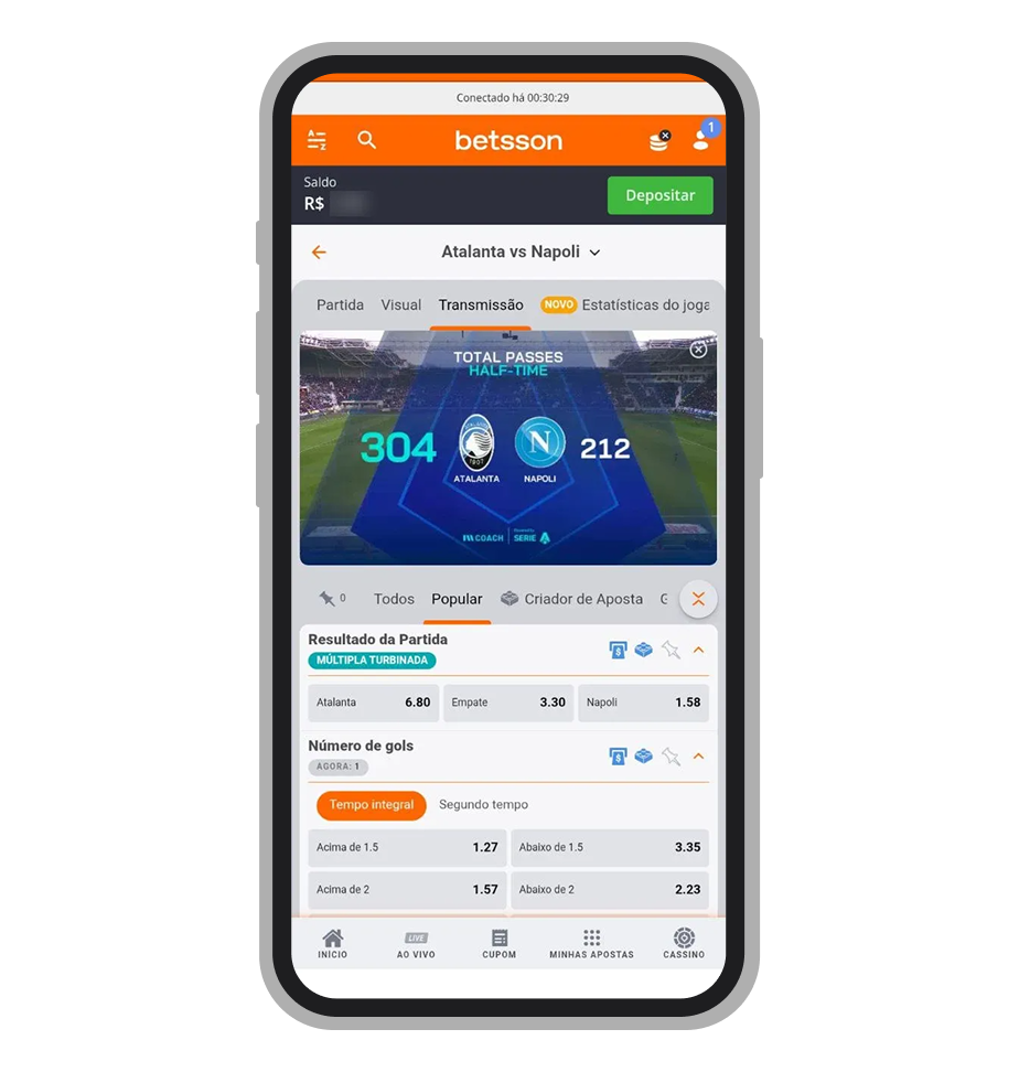 Transmissão ao vivo no app da Betsson 