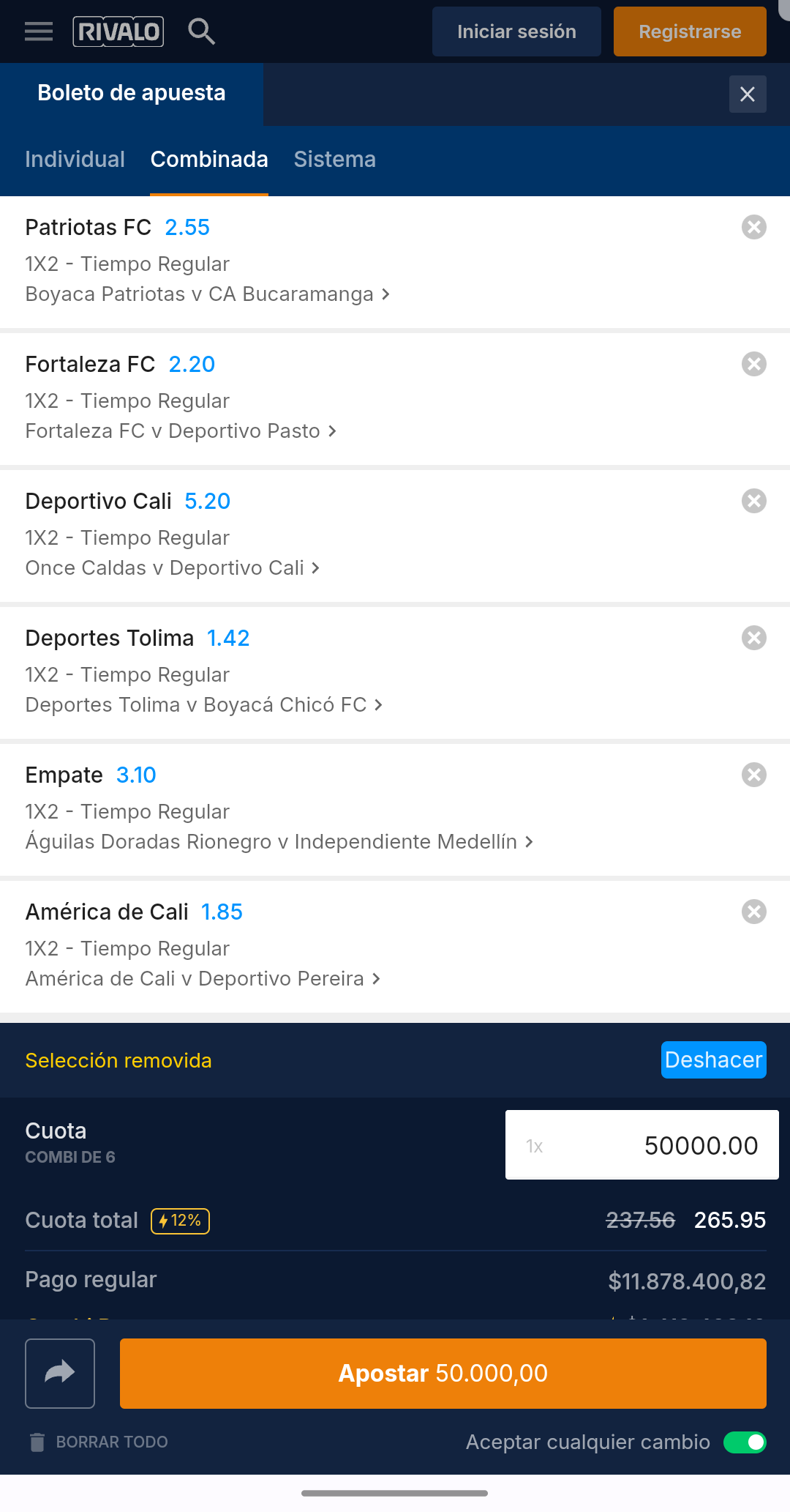 Boleto de apuestas con partidos del fútbol colombiano