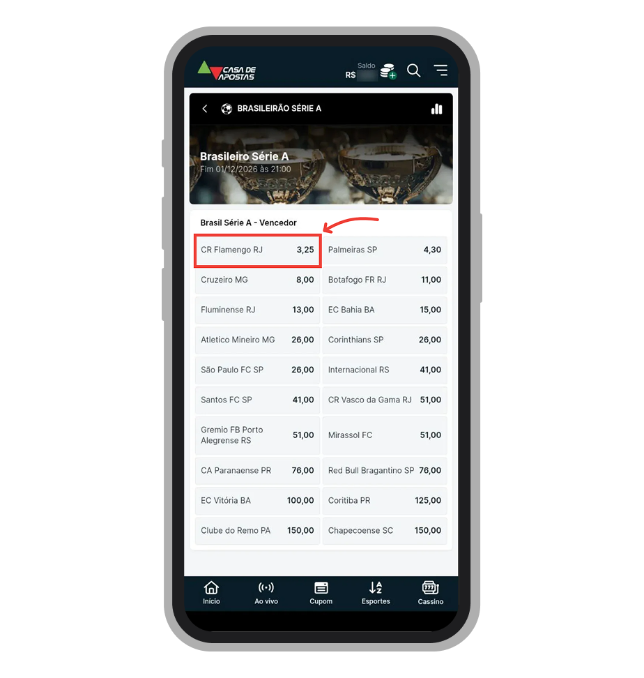 Toque no resultado em qual gostaria de apostar 