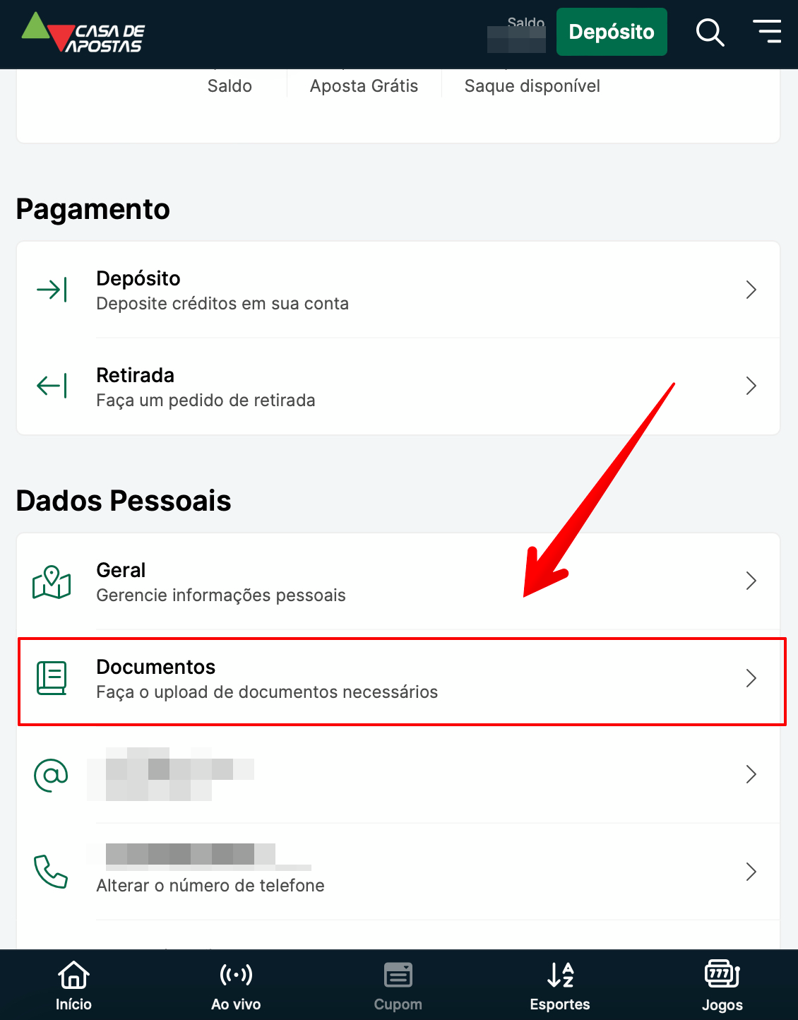 Escolha “Documentos”