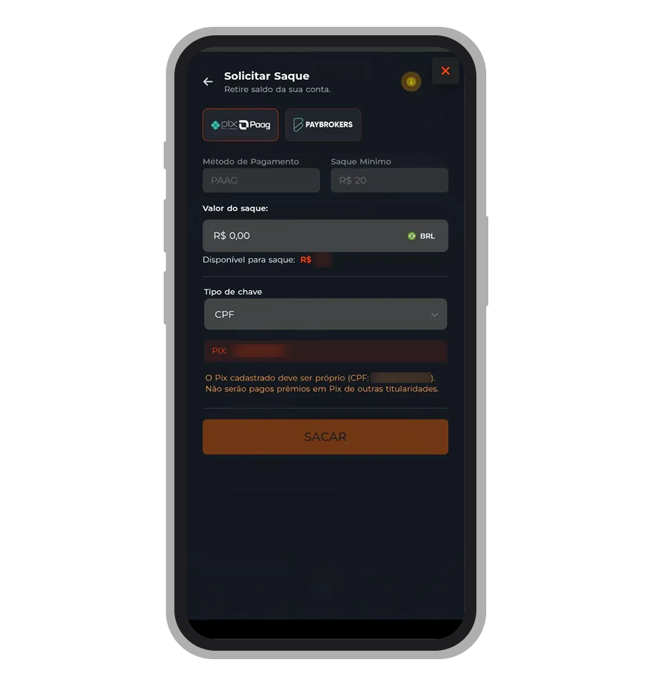 Tela de saque do aplicativo Esportiva.bet onde o usuário informa o valor, escolhe o tipo de chave e confirma a retirada 