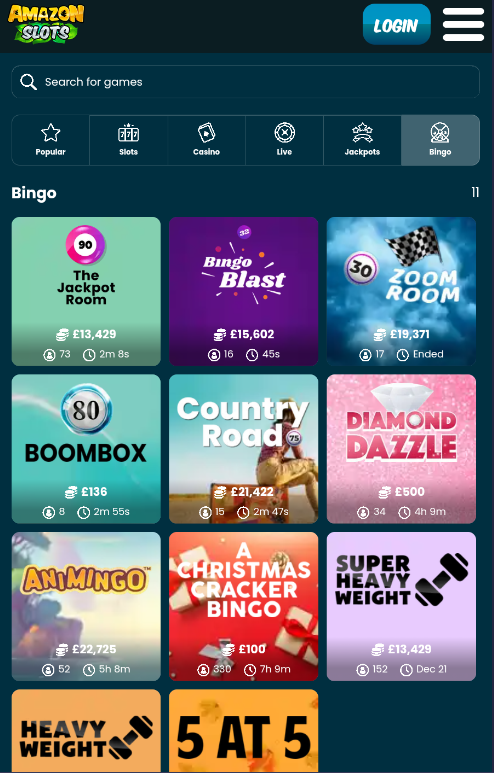 Bingo page in mobile version of Amazon Slots