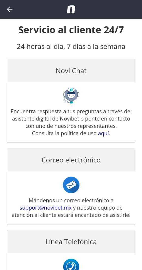 Formas de contacto con servicio de atención al cliente Novibet