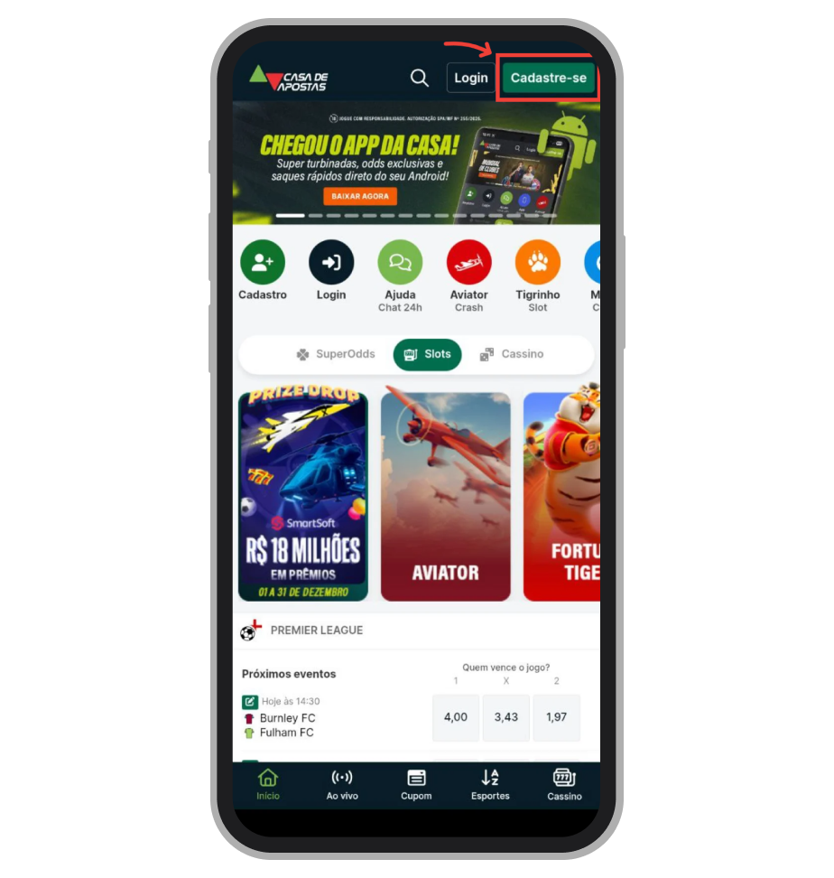 Na tela inicial, toque em “Cadastre-se”