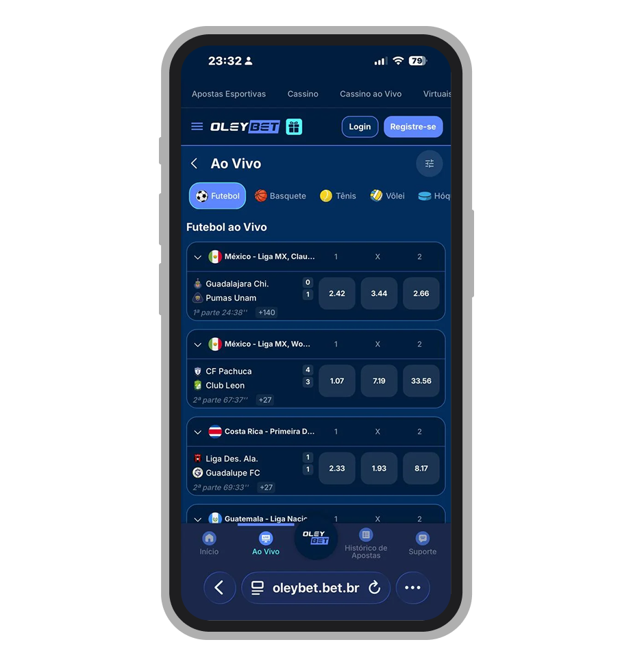 Tela de apostas ao vivo na OleyBet com odds em tempo real e estatísticas da partida