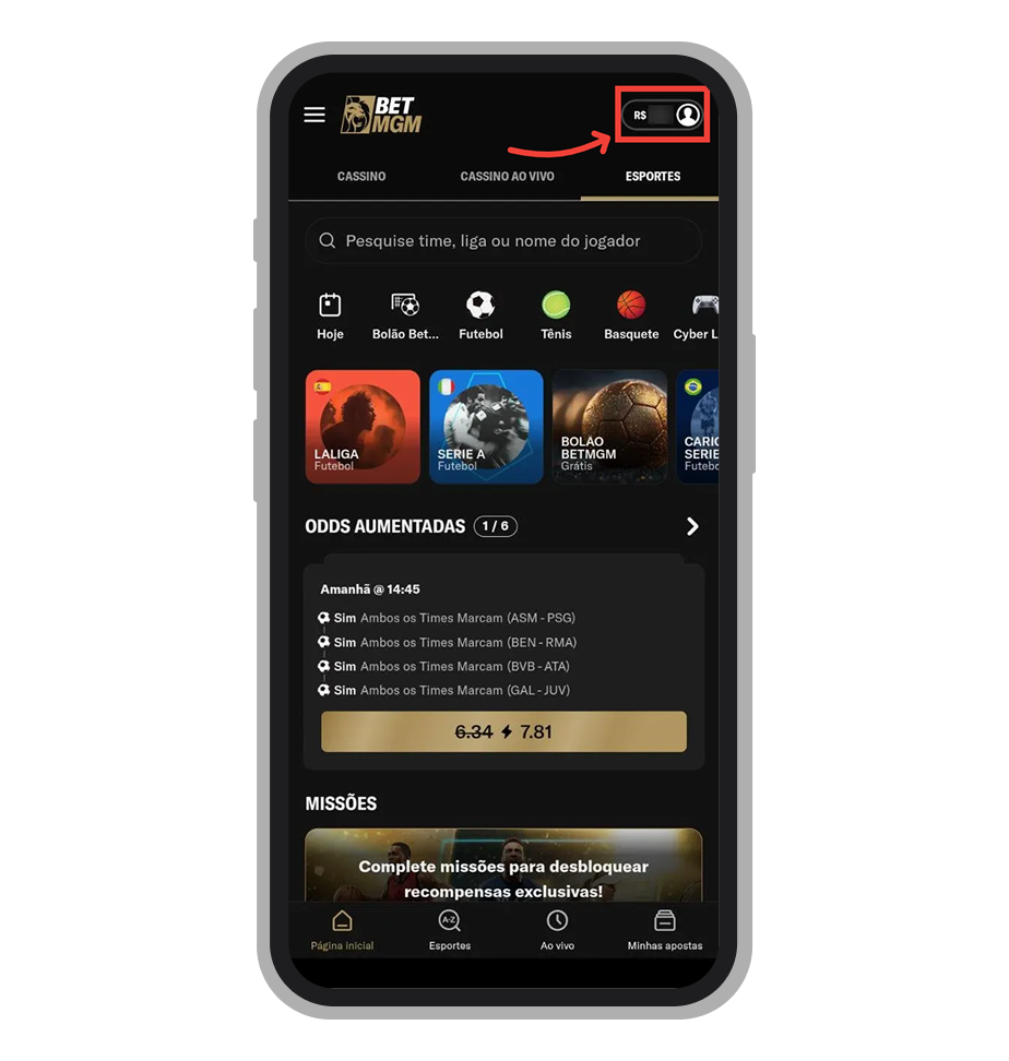 Toque no ícone de perfil ao lado do saldo