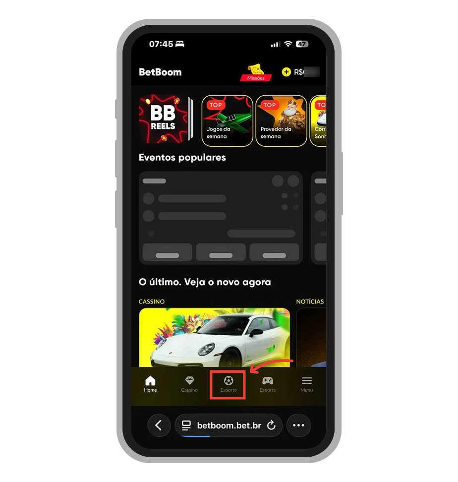 Toque na aba "Esporte" no menu inferior