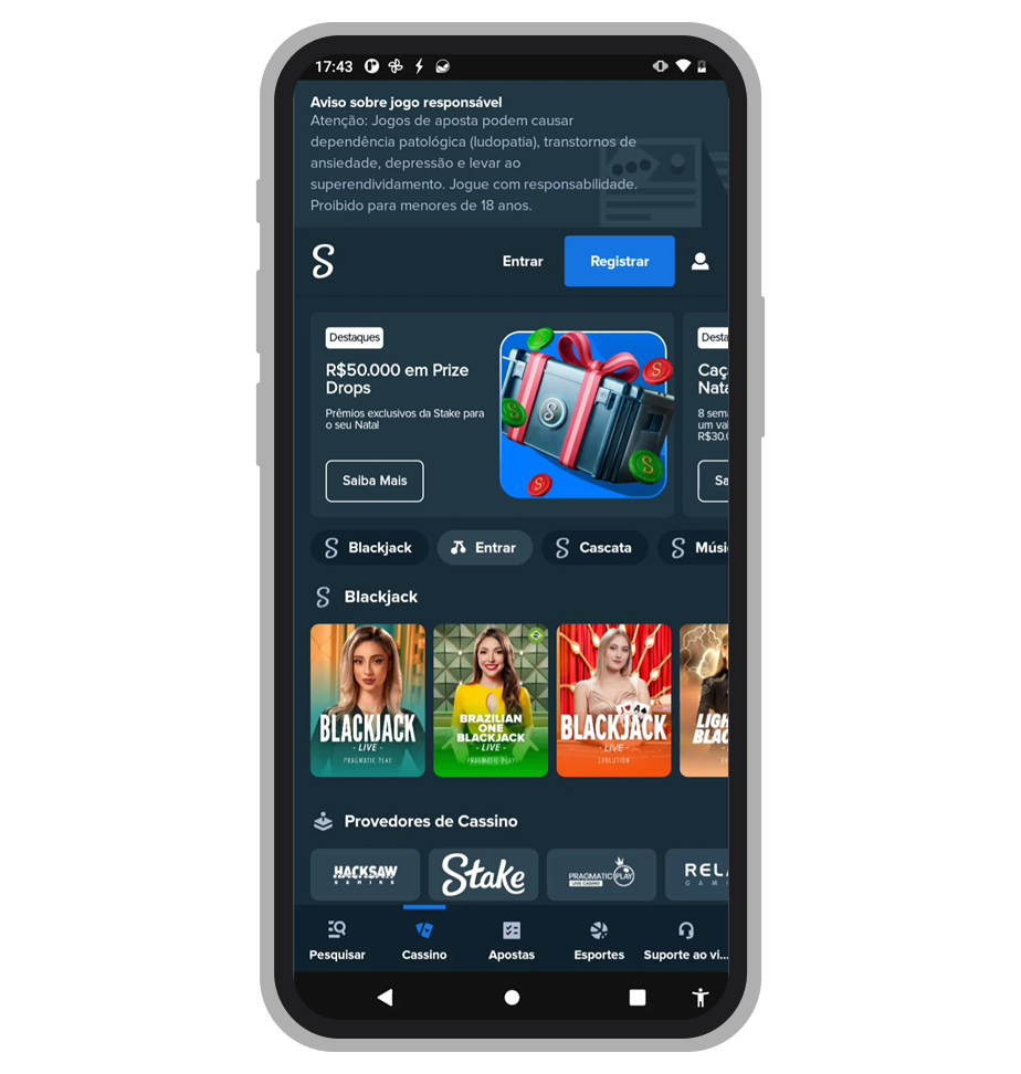 Seção de cassino no app Stake Brasil com slots e VIP Club