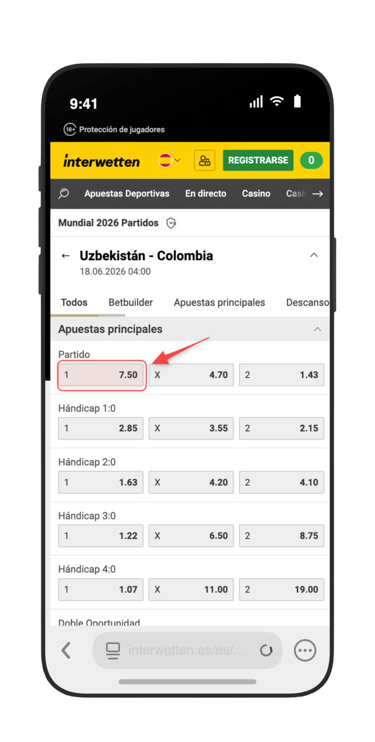 Pulsa en la cuota 7.50 junto a Uzbekistán en el mercado 1X2 para añadirla a tu boleto en Interwetten