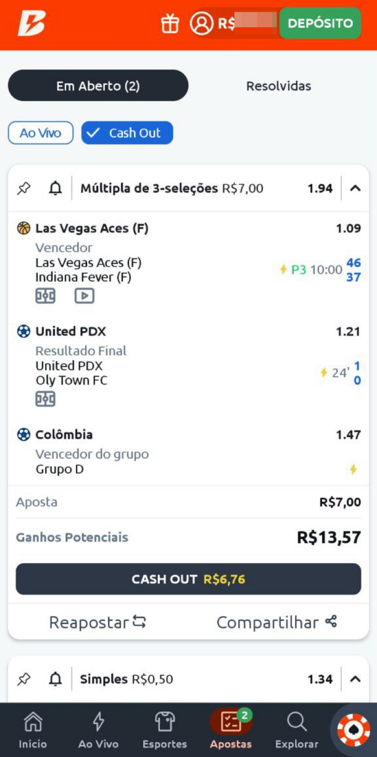 Cashout no aplicativo