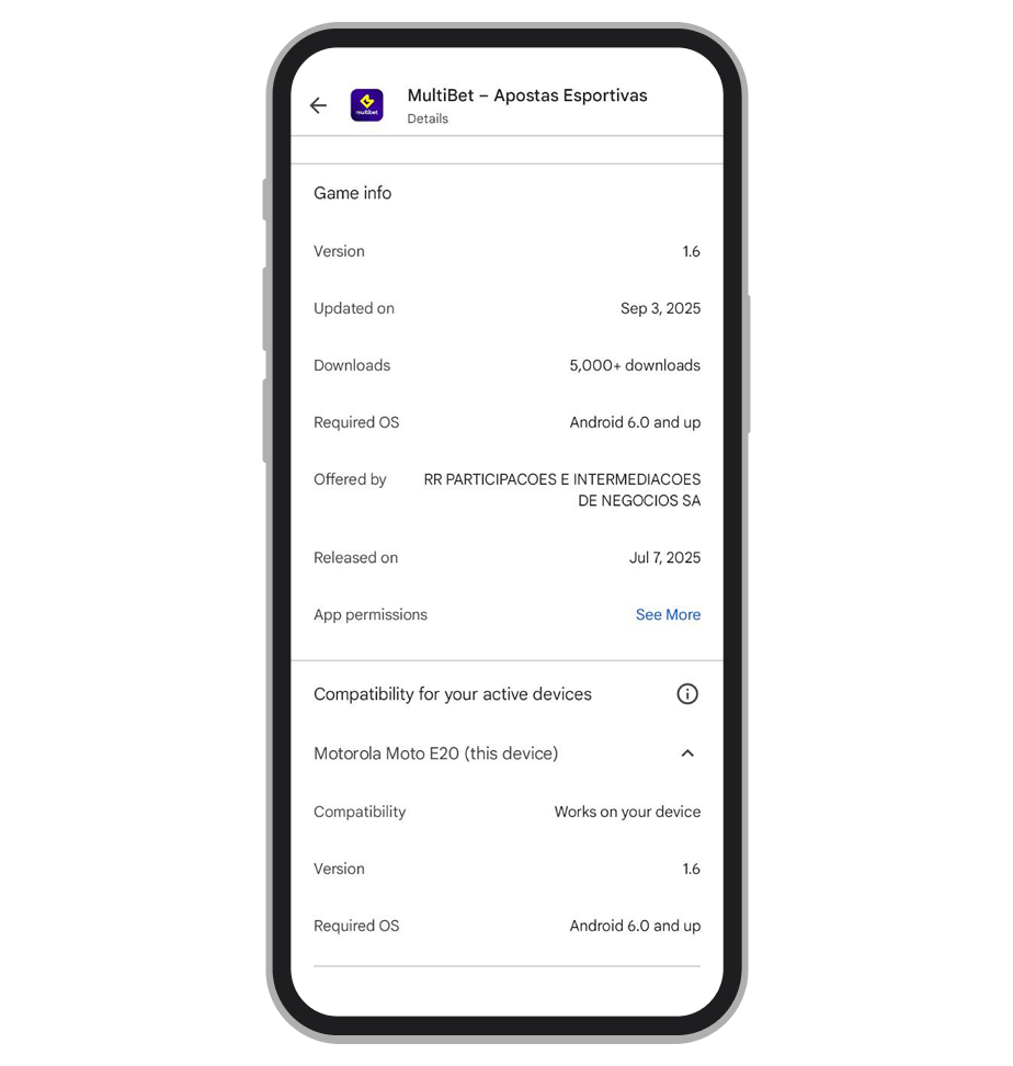 Os requisitos e descrição do app na Google Play 