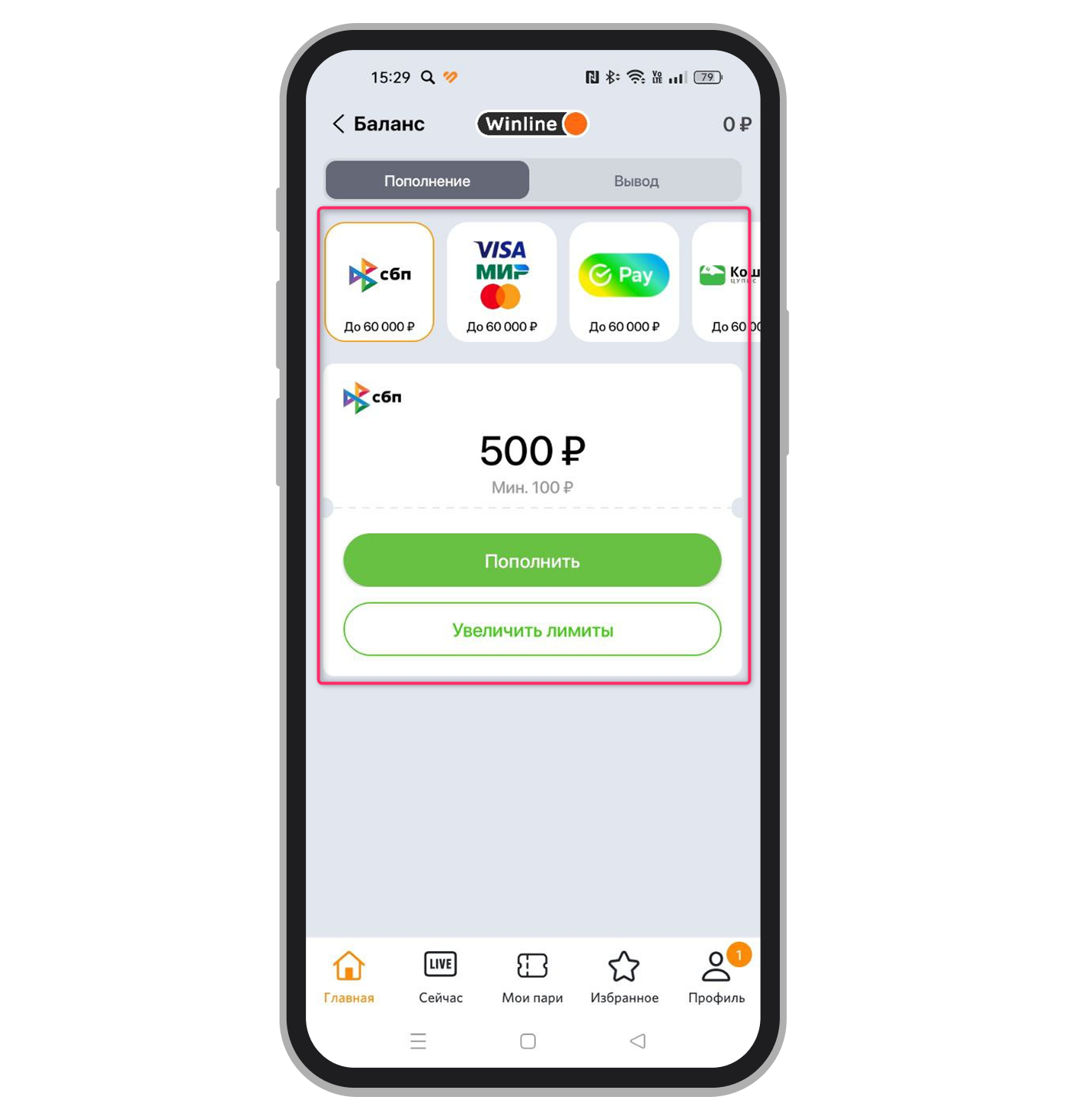Ввод суммы депозита и выбор способа платежа