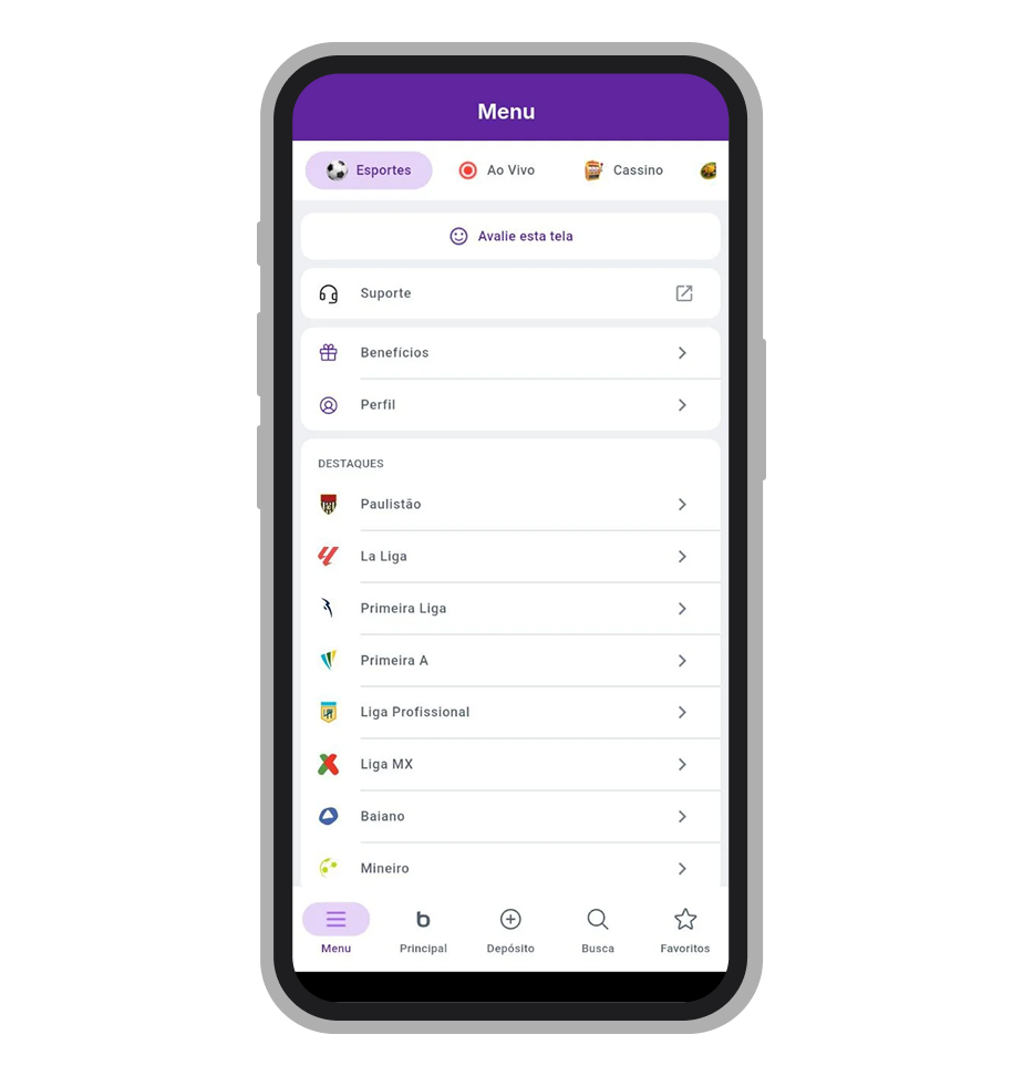Menu principal do aplicativo