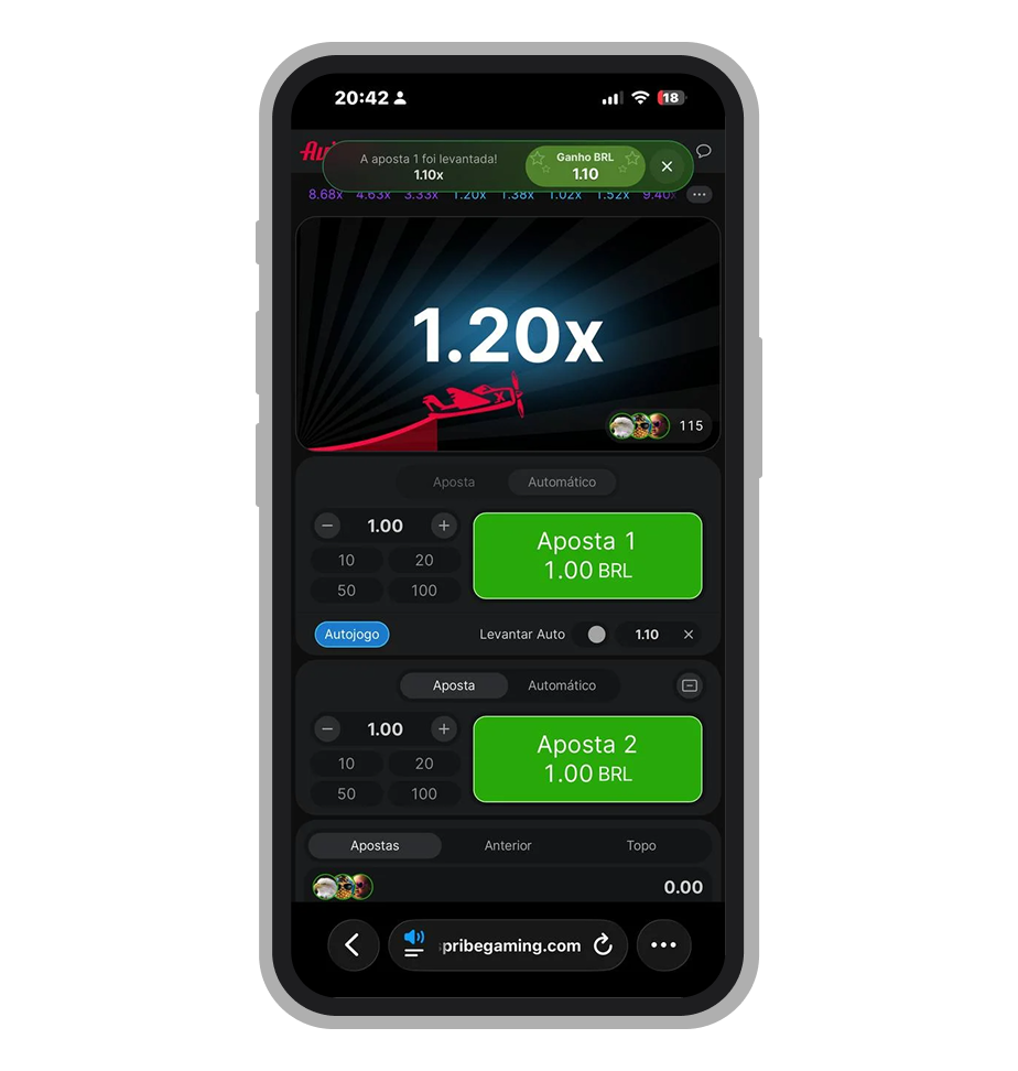 Configuração de auto cash out no Aviator com multiplicador definido em 1.10x