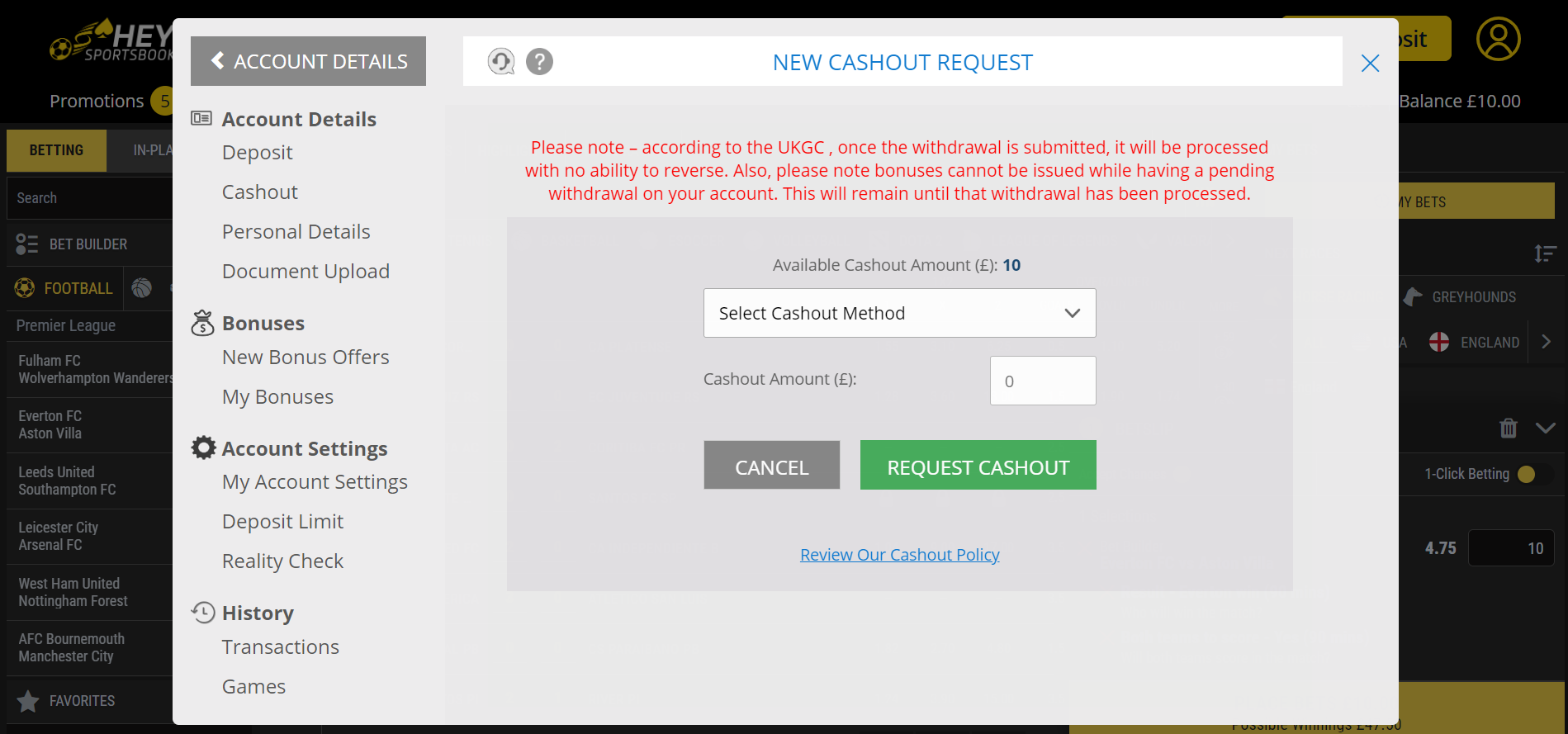 Click the Cashout option