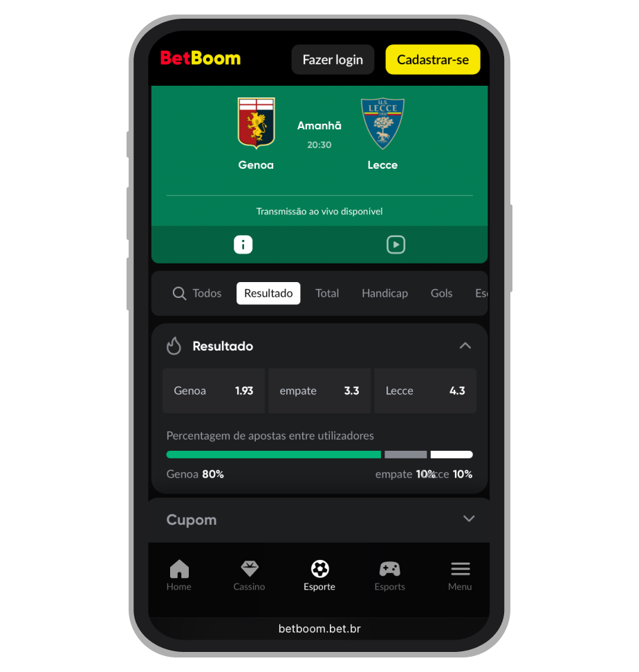 BetBoom percentual de palpites no resultado final do jogo da Serie A