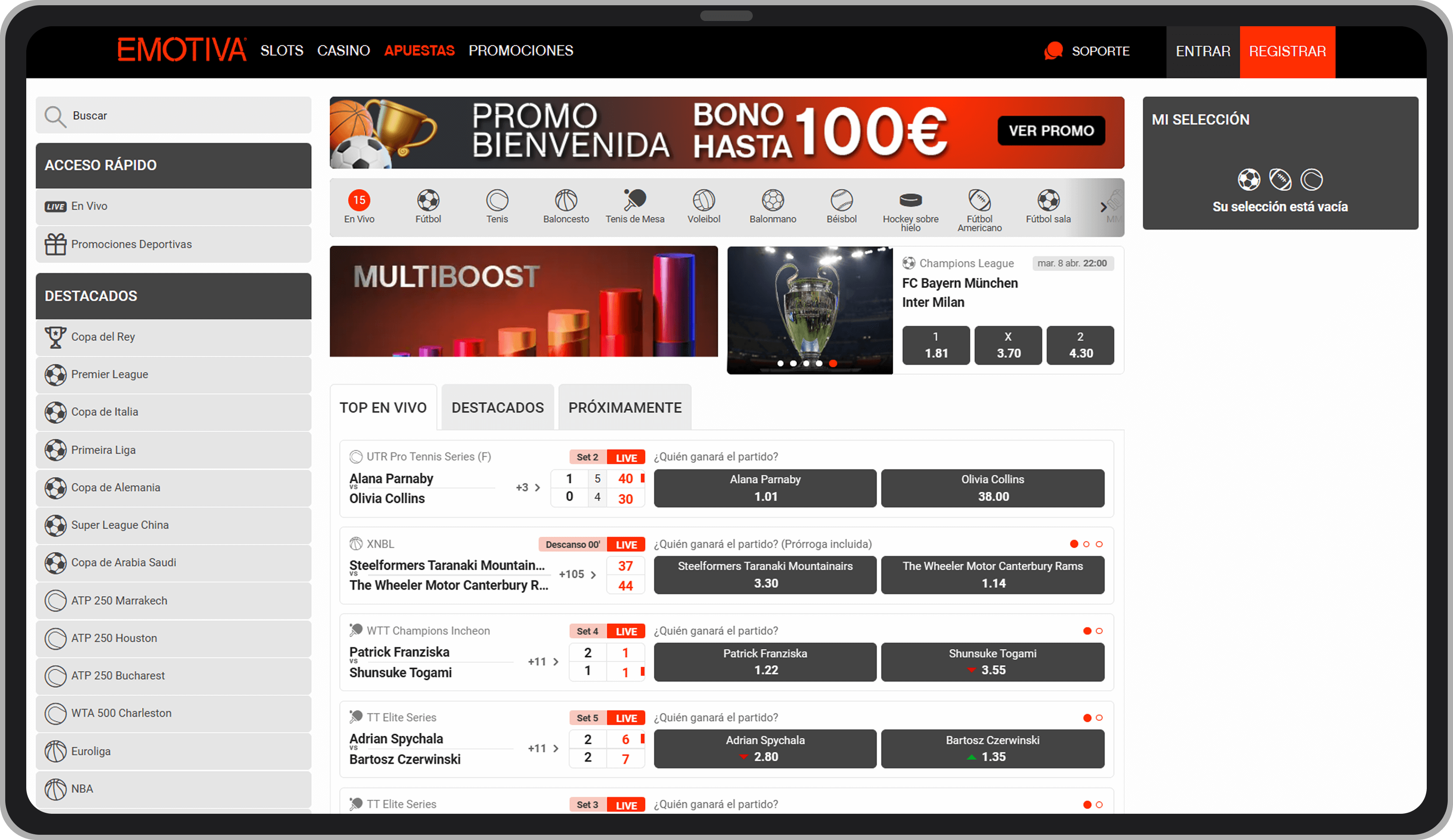 Página principal de apuestas deportivas