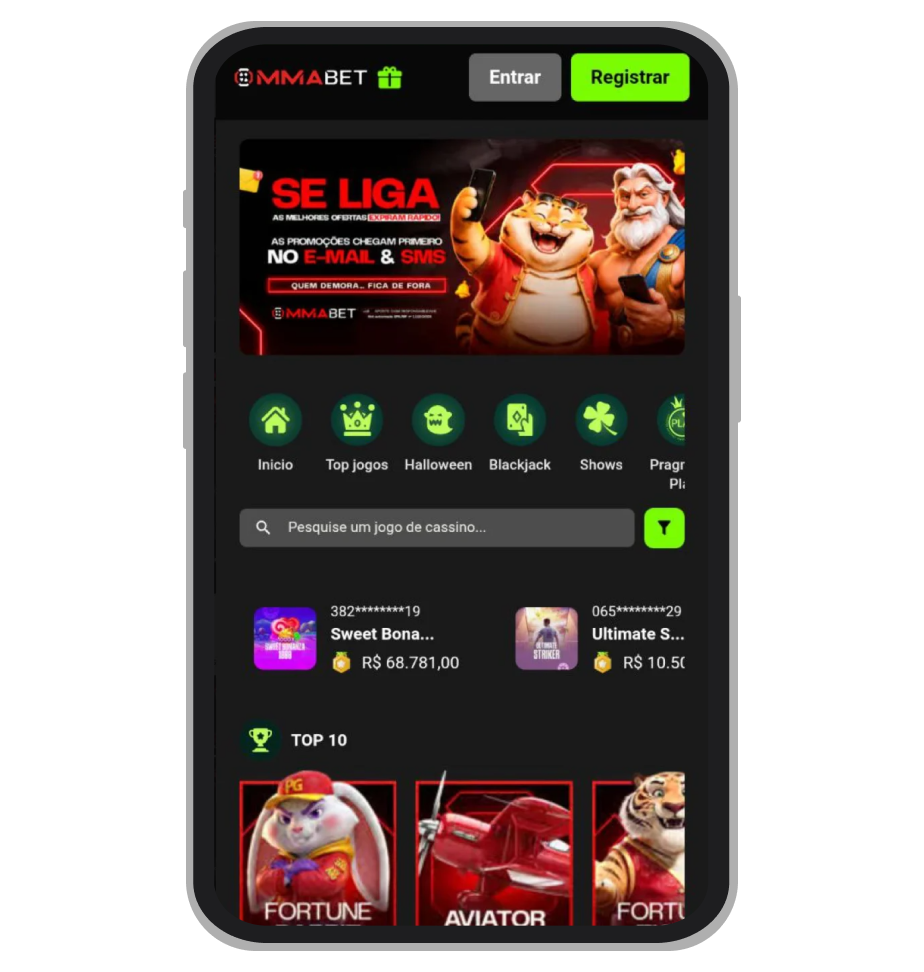 O site mobile da MMABet aberto no celular Android