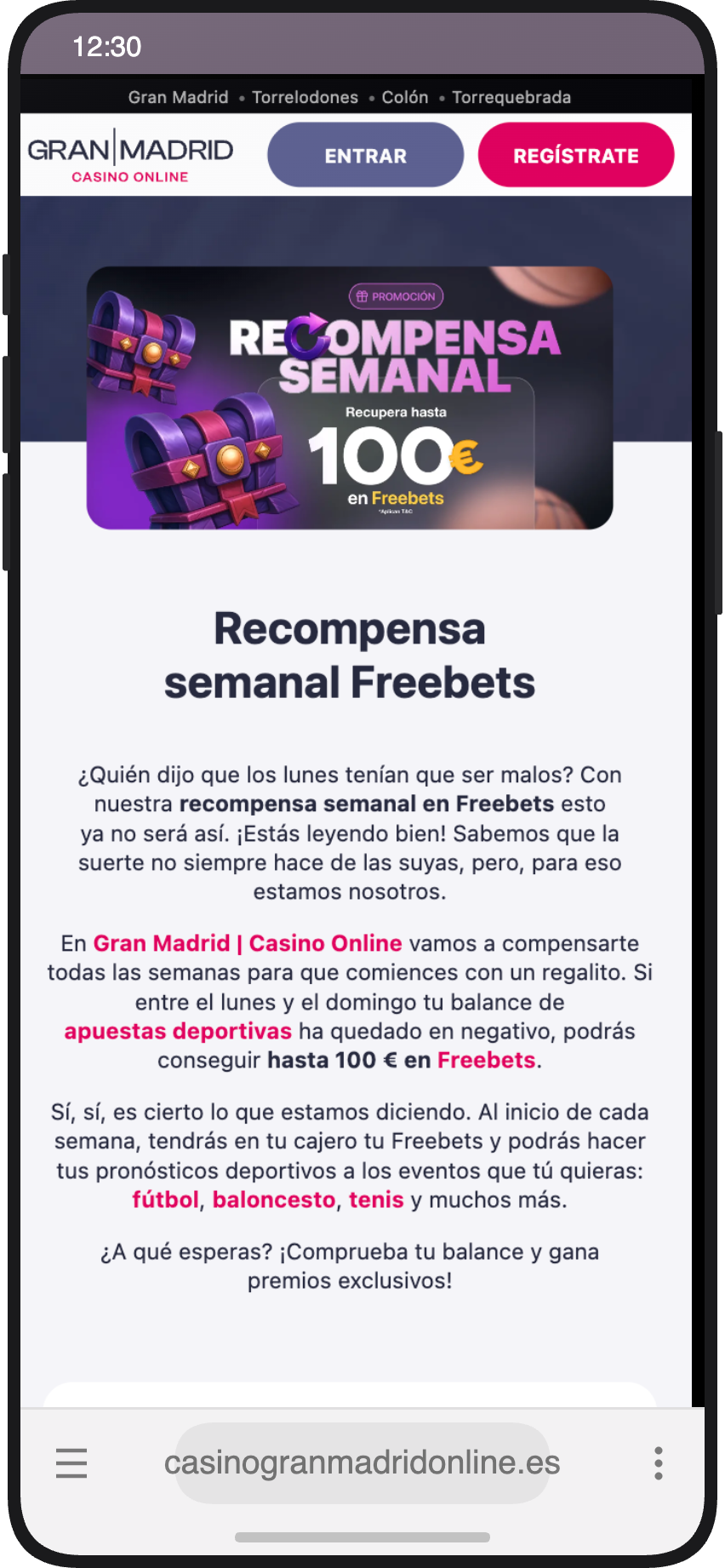 Promoción Recompensa Semanal de freebets con hasta 100€ en Casino Gran Madrid Online