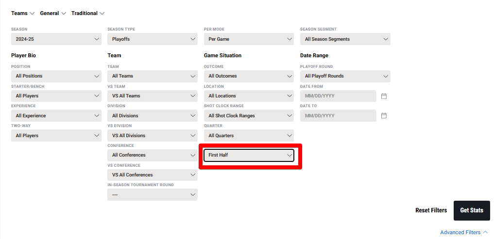 Фильтр по поиску статистики половин на сайте NBA
