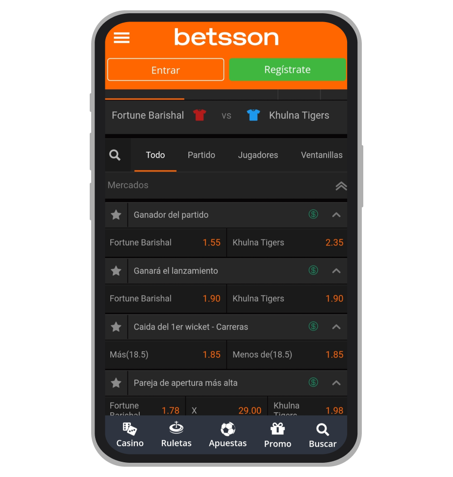 Casa de apuestas Betsson, partido de críquet en directo con opciones de Cash Out