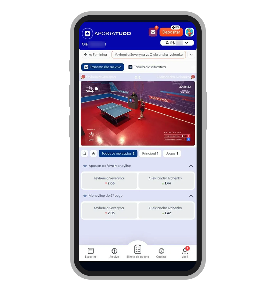Tela de apostas ao vivo no aplicativo Apostatudo com transmissão em tempo real