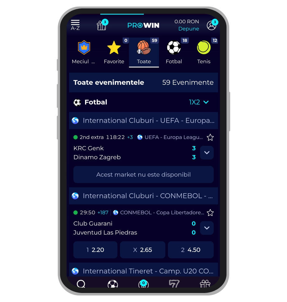 Meniu pariuri LIVE ProWin (versiune mobil)