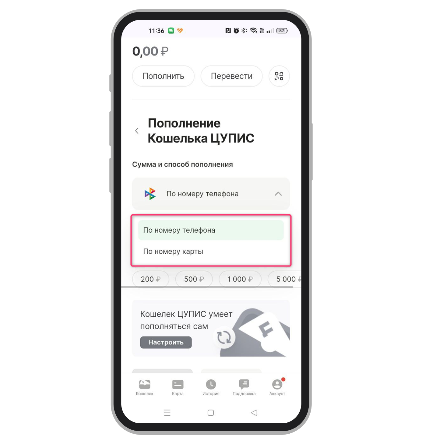 Выбор способа пополнения
