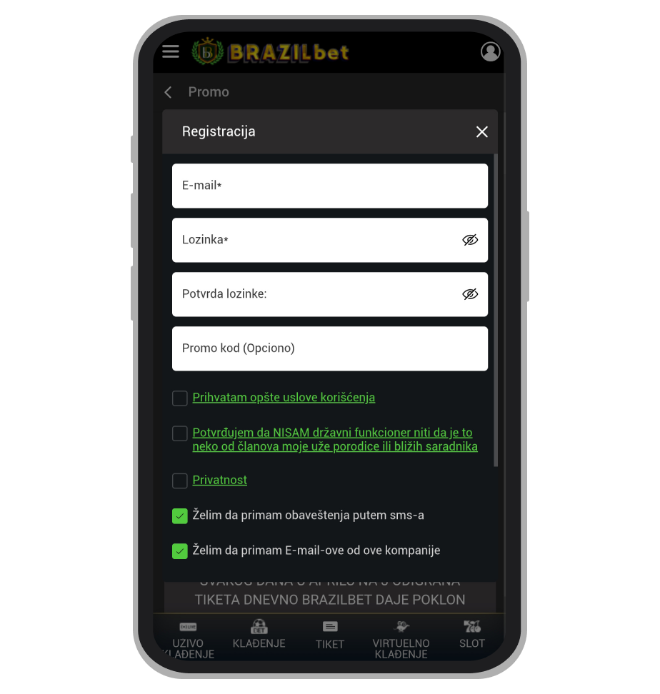 Stranica za registraciju na BrazilBet