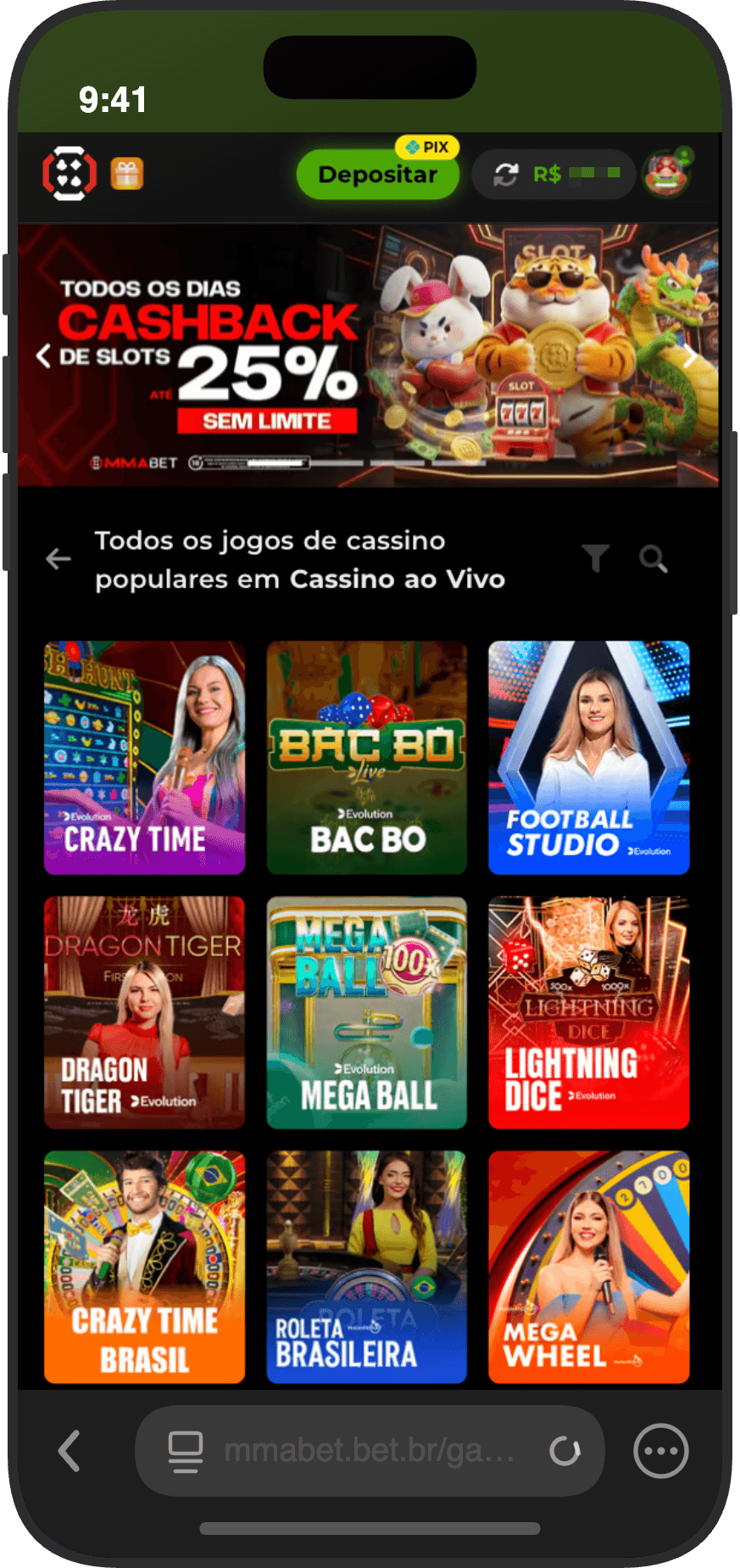 Mesas ao vivo no cassino MMABet com Crazy Time, Dragon Tiger e Lightning Dice