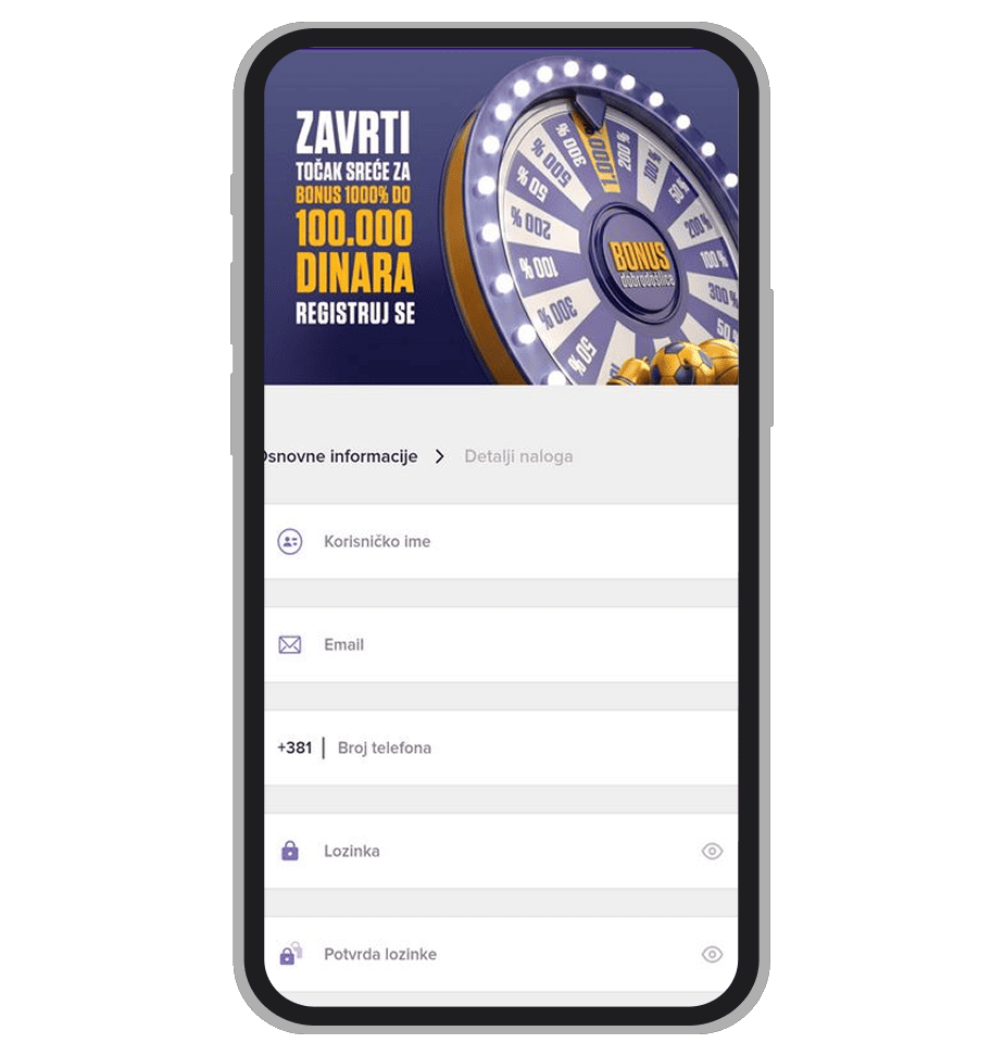 Stranica za registraciju na Mozzart