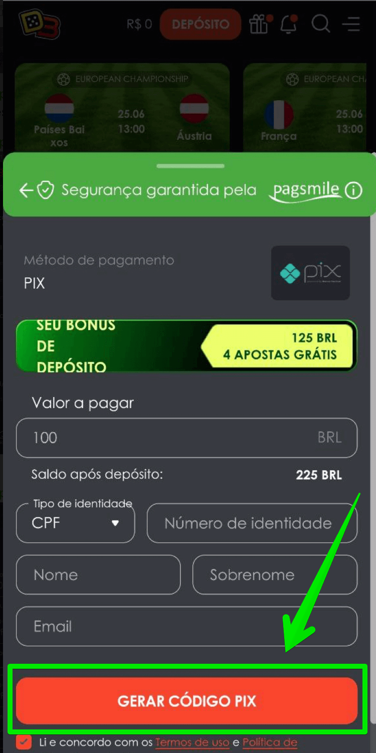 Preenche os campos necessários e opte por gerar o código de pagamento