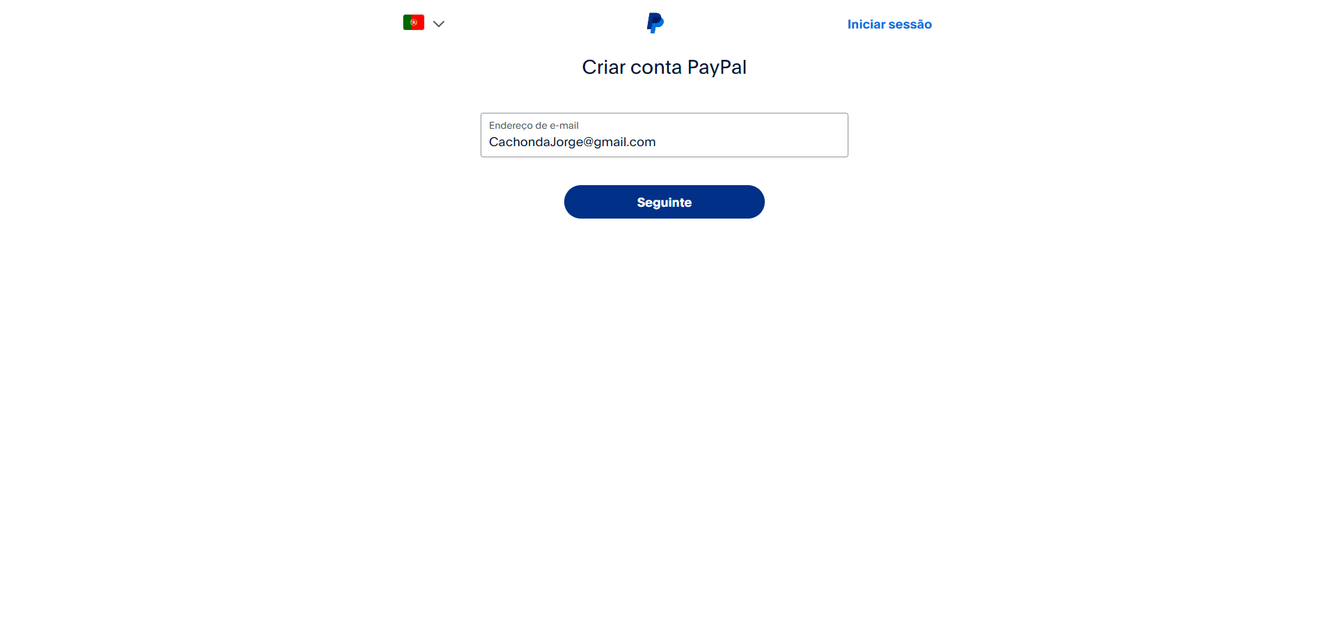  Página do registo PayPal