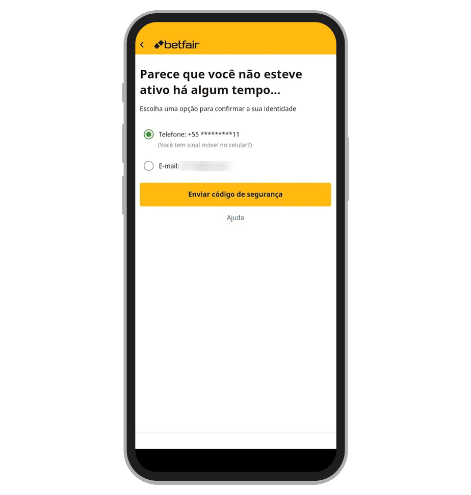 Para a maior segurança o app da Betfair oferece a verificação de dois passos obrigatório para primeiro login