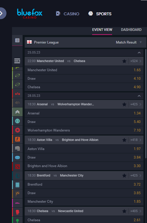 The football betting section at BlueFox