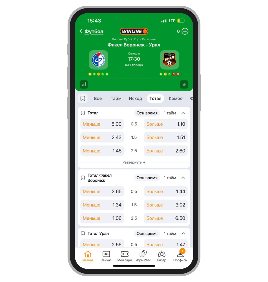 Тотал в матче «Факел» — «Урал» в Winline