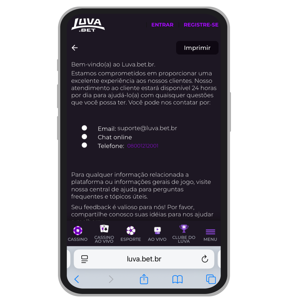 Opções de contato — telefone e e-mail