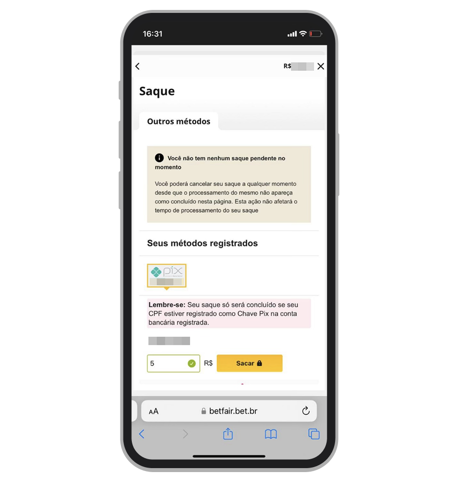 Saque na Betfair mobile