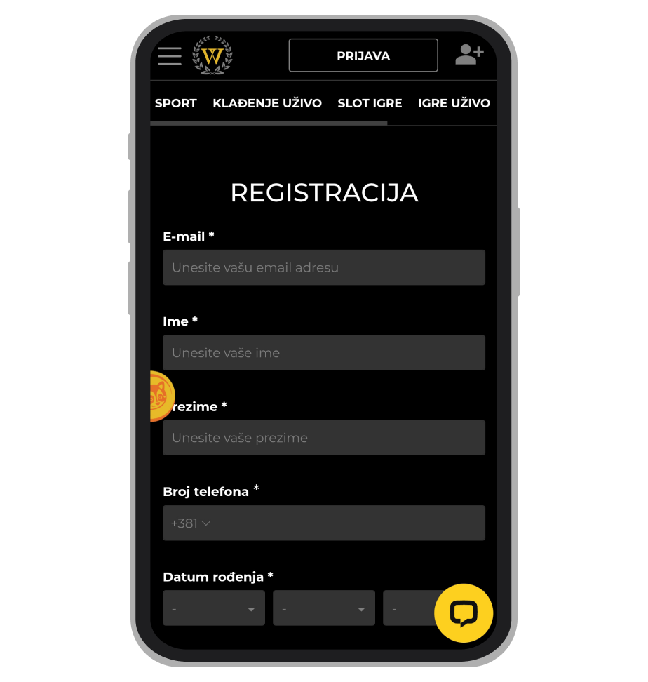 Stranica za registraciju na Winnerbet