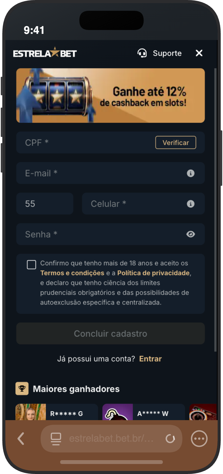 Tela de cadastro da EstrelaBet com campos de CPF, e-mail e senha