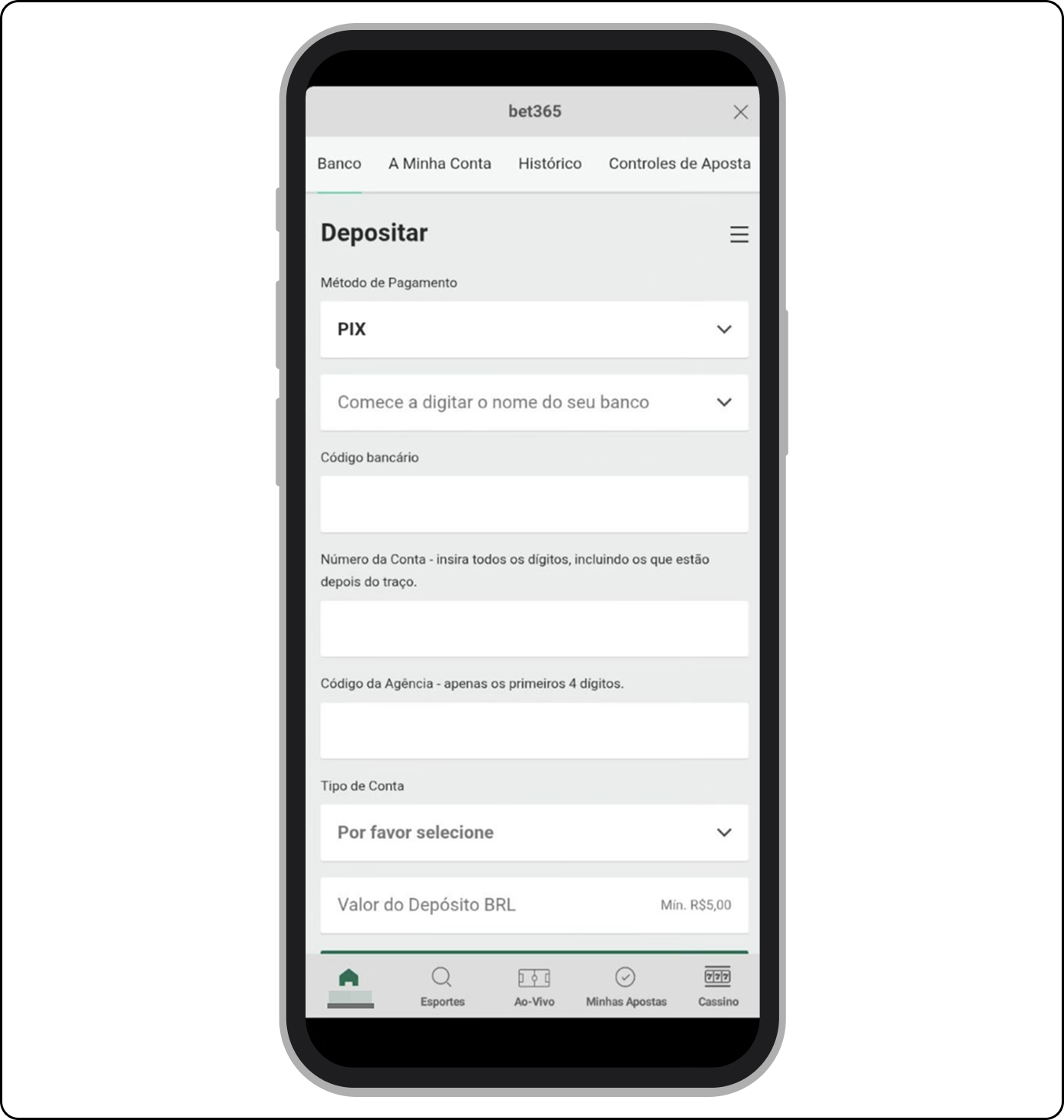 Tela solicitando o cadastro de conta bancária antes do primeiro depósito