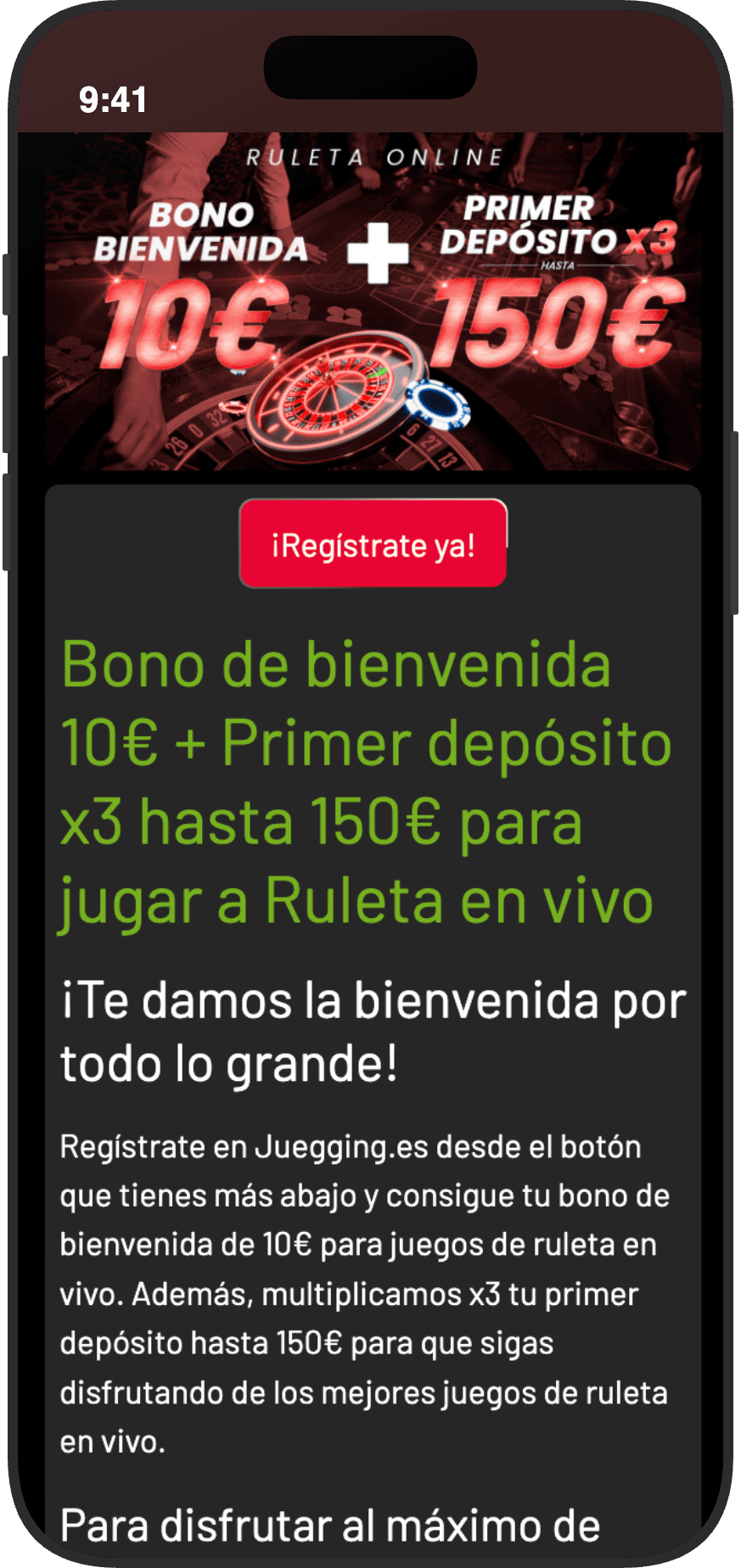 Bono de bienvenida de Juegging para ruleta en vivo con 10 euros gratis y primer depósito triplicado hasta 150 euros